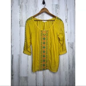 Umgee Women's Embroidered Aztec Bohemian Aztec Top Yellow Green Size Small